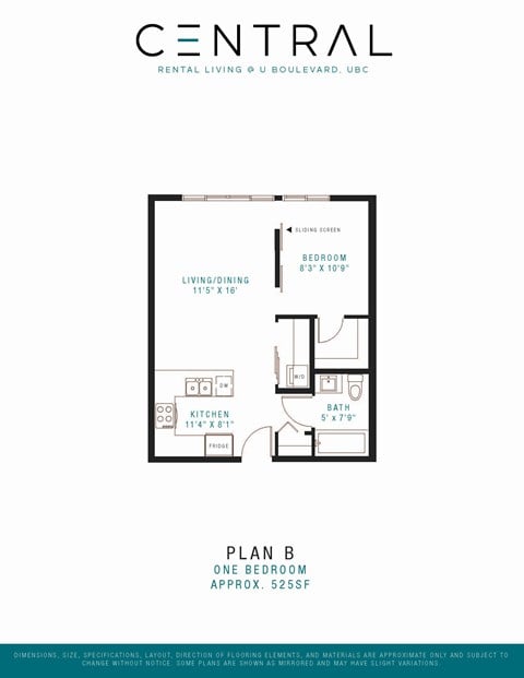 Floor plan for 1 bed, 1 bath, 525 sqft